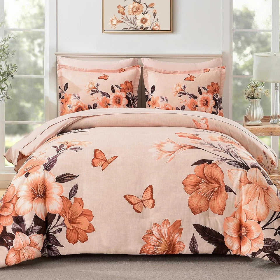 King Size Floral Comforter Set 7 Piece Orange Bed in a Bag Soft Microfiber All Season Bedding Set