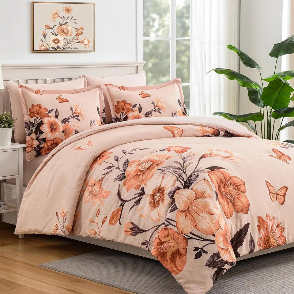 King Size Floral Comforter Set 7 Piece Orange Bed in a Bag Soft Microfiber All Season Bedding Set