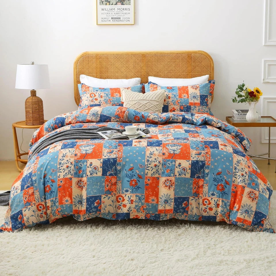 Floral Queen Size Comforter Set Boho Vintage Floral Bedding 7 Piece Soft Microfiber Bed in a Bag