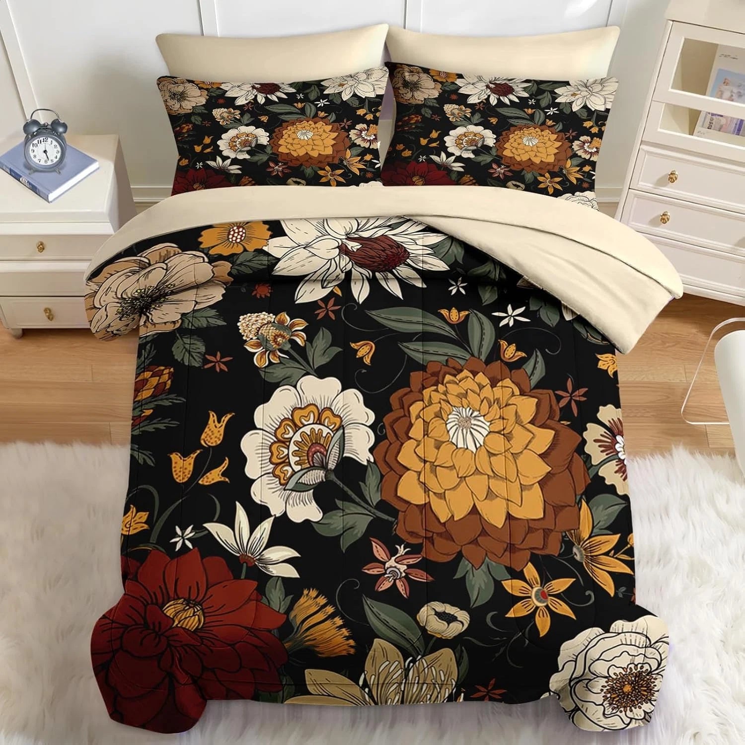 Boho Vintage Floral Queen Comforter Set 7 Piece Bedding Set Soft All Season Bed in a Bag