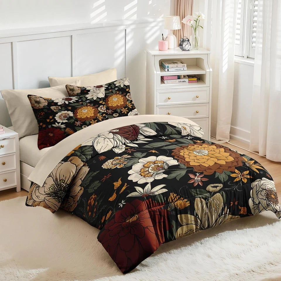 Boho Vintage Floral Queen Comforter Set 7 Piece Bedding Set Soft All Season Bed in a Bag