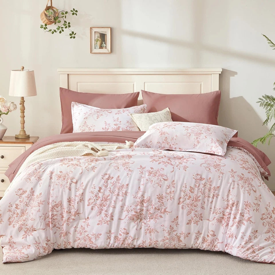 King Size Floral Comforter Set 7 Pieces Pink Flower Lightweight Bedding Set Soft Microfiber Bed in a Bag