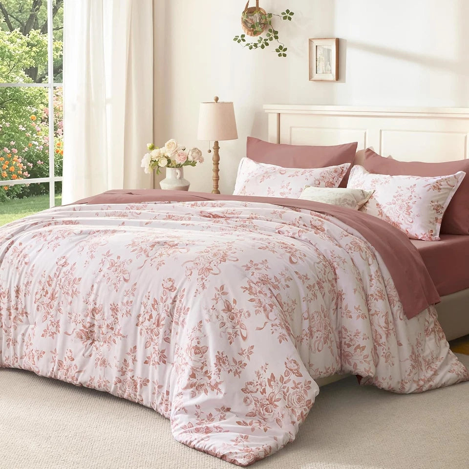King Size Floral Comforter Set 7 Pieces Pink Flower Lightweight Bedding Set Soft Microfiber Bed in a Bag