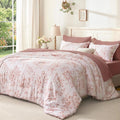 King Size Floral Comforter Set 7 Pieces Pink Flower Lightweight Bedding Set Soft Microfiber Bed in a Bag